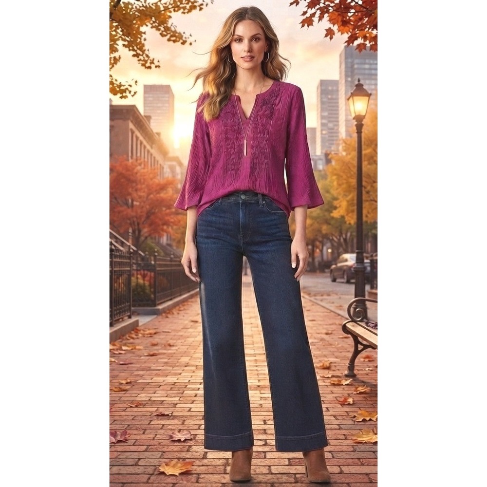 Chico's Beaded Crinkle Blouse Women's Size 1 Magenta V-Neck 3/4 Sleeve Top EUC